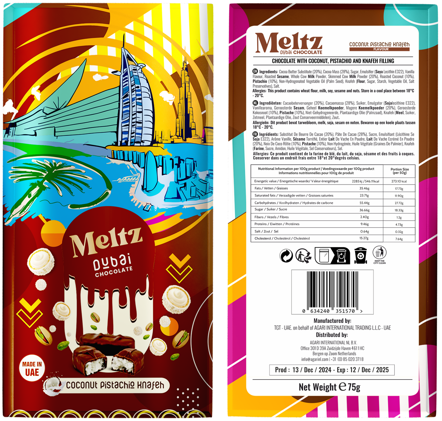 Meltz Dubai Chocolate Coconut Pistachio Knafeh 75g