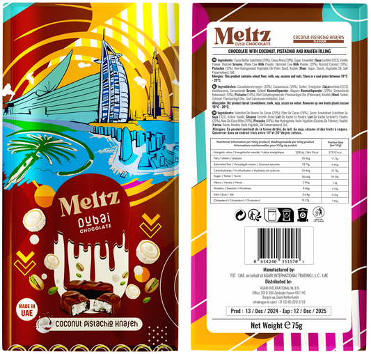 Meltz Dubai Chocolate Coconut Pistachio Knafeh 75g