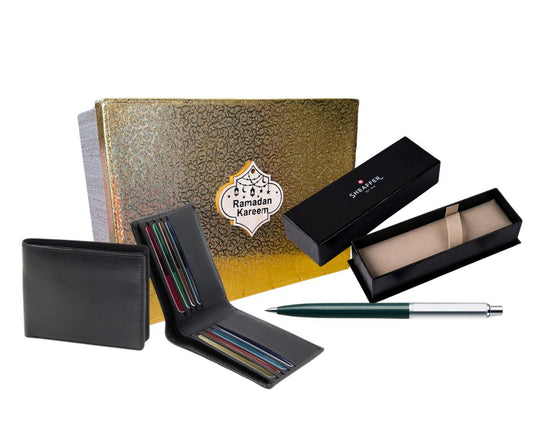Eid Gift Set - Sheaffer® Sentinel Dark Green and Chrome Ballpoint Pen With Chrome Trims + Genuine Leather Men's Wallet with RFID-Black